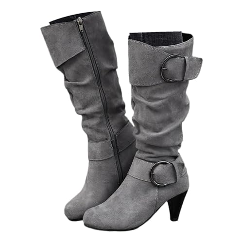 Xbemkste Langschaft Stiefel Damen Wildleder Gürtelschnalle Gekräuselt Weitschaftstiefel mit Absatz Westernstiefel Kniehohe Boots Winterstiefel Elegant Halbstiefel (Grey, 39) von Xbemkste