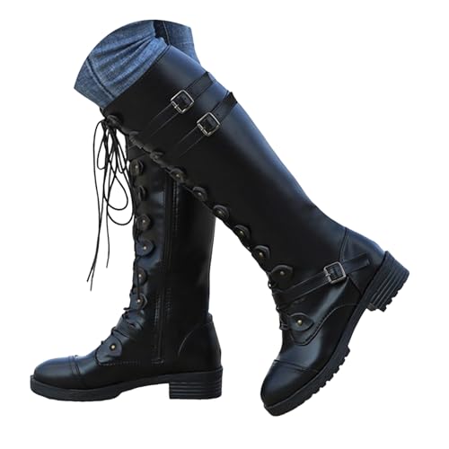 Xbemkste Langschaftstiefel Damen Bikerstiefel mit Absatz seitlicher Reißverschluss Hohe Lederstiefel Kniehohe Boots Damen Lange Stiefel Elegant Schnürstiefel (39) von Xbemkste