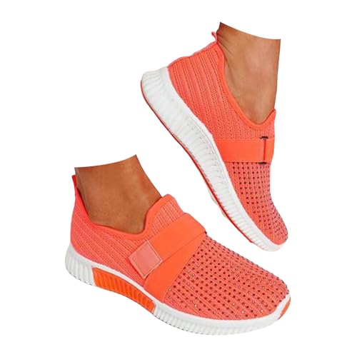 Xbemkste Laufschuhe Damen Sneaker Slip On Sportschuhe mit Strass Turnschuhe Leichte Atmungsaktive Straßenlaufschuhe Bequeme Walkingschuhe Schlupfschuhe Freizeitschuhe (Orange, 37) von Xbemkste