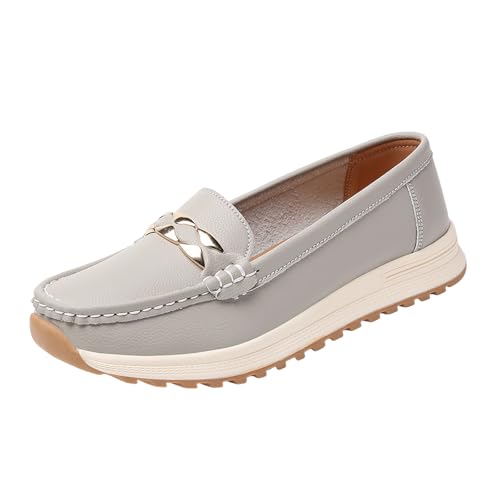 Xbemkste Lederschuhe Damen einfarbig, lässig, einzelne Damenschuhe, einfarbig, Flache Unterseite,Freizeitschuhe Damen Slipper elegant (Grey, 41) von Xbemkste