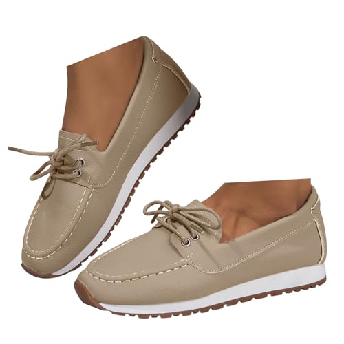 Xbemkste Loafer Damen aus Atmungsaktivem Leder Slip-On Freizeitschuhe Bequeme Flache Schuhe Leichte Schlupfschuhe Walkingschuhe Damen Slipper für Arbeiten,Alltag (Khaki, 37) von Xbemkste