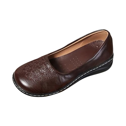 Xbemkste Mokassins Damen niedriger Absatz, Dicke Sohle, Flache Lederschuhe, Flache Einzelschuhe, weiche Sohle bequem Damen Schuhe Slip on (Brown, 40) von Xbemkste