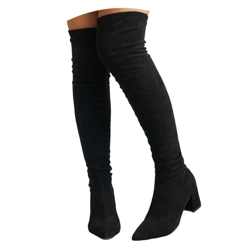 Xbemkste Overknees Stiefel Damen mit Absatz Elegant Langschaftstiefel Kniehohe Boots Hohe Schlupfstiefel Wildleder Blockabsatz Stretch Boots Winterstiefel einfach anzuziehen (35) von Xbemkste