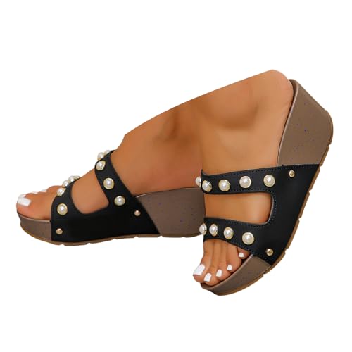 Xbemkste Pantoletten Damen Plateau Keilsandale mit Perlen Offene Zehen Sandaletten Wedges Slippers Leder Schlappen Schicke Sommerschuhe Strandschuhe Freizeitsandale (40) von Xbemkste