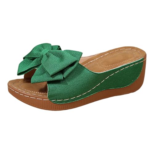 Xbemkste Pantoletten Damen Plateau Sandalen Süße Schleife Schlappen Bequeme Hausschuhe Sommer Sandaletten mit Keilabsatz Freizeit Strandsandalen für Alltag,Meer (Green, 38.5) von Xbemkste