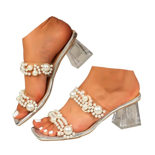 Xbemkste Pantoletten Damen mit Absatz Transparente Schuhe Damen Sommer Elegant Sandalen mit Blockabsatz Und Perlen Schicke Quadratischem Kopf für Party Hochzeit (34.5) von Xbemkste