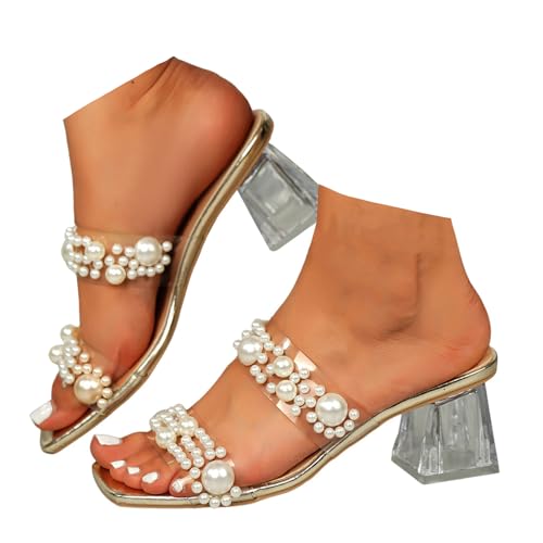 Xbemkste Pantoletten Damen mit Absatz Transparente Schuhe Damen Sommer Elegant Sandalen mit Blockabsatz Und Perlen Schicke Quadratischem Kopf für Party Hochzeit (Gold, 38) von Xbemkste