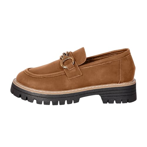 Xbemkste Plateau Loafer Damen mit Absatz Klassische Mokassins mit Kette Slippers Elegant Damenschuhe Business-Schuhe Slip On Schuhe Bequeme Halbschuhe Walkingschuhe Schlupfschuhe (Brown, 37) von Xbemkste