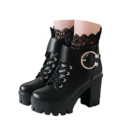Xbemkste Plateaustiefel Damen mit Chunky Absatz Spitze Schnüren Stiefeletten Blockabsatz Ankle Boots Goth Kurzstiefel Schicke Damenstiefel High Heel Knöchelstiefel (37) von Xbemkste