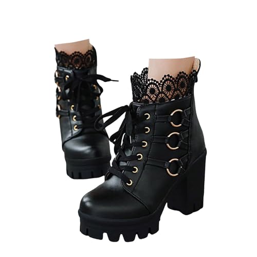 Xbemkste Plateaustiefel Damen mit Chunky Absatz Spitze Schnüren Stiefeletten Blockabsatz Ankle Boots Goth Kurzstiefel Schicke Damenstiefel High Heel Knöchelstiefel (38.5) von Xbemkste