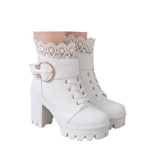 Xbemkste Plateaustiefel Damen mit Chunky Absatz Spitze Schnüren Stiefeletten Blockabsatz Ankle Boots Goth Kurzstiefel Schicke Damenstiefel High Heel Knöchelstiefel (White, 35) von Xbemkste