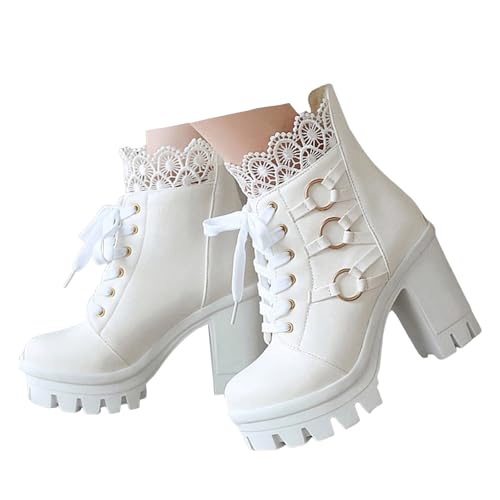 Xbemkste Plateaustiefel Damen mit Chunky Absatz Spitze Schnüren Stiefeletten Blockabsatz Ankle Boots Goth Kurzstiefel Schicke Damenstiefel High Heel Knöchelstiefel (X1-White, 37.5) von Xbemkste