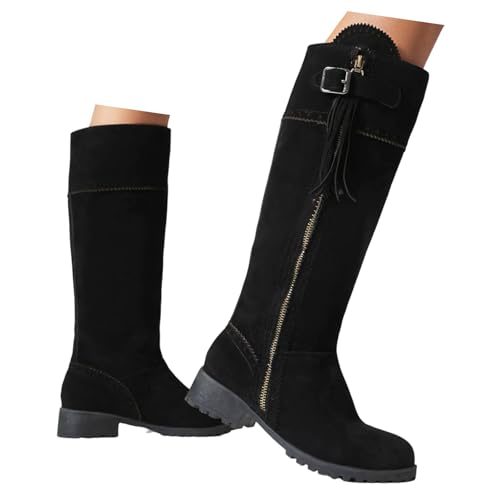 Xbemkste Reitstiefel Damen Langschaftstiefel mit Reißverschluss und Schnalle Runde Zehe Fransen Kniehohe Boots Elegant Herbst Winter Schuhe Vintage Damenstiefel (39) von Xbemkste
