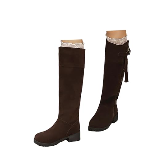 Xbemkste Reitstiefel Damen Langschaftstiefel mit Reißverschluss und Schnalle Runde Zehe Fransen Kniehohe Boots Elegant Herbst Winter Schuhe Vintage Damenstiefel (Coffee, 40.5) von Xbemkste