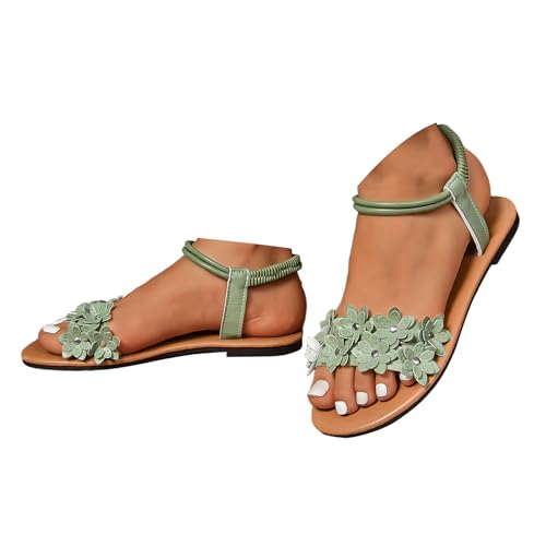 Xbemkste Sandalen Damen Elegant Blumen Flache Sandaletten Offene Zehe Frauen Sandal mit Weiche Fußbett Sommerschuhe Boho Strandschuhe Bequem Ankle Elastic Sandalen (Green, 38.5) von Xbemkste