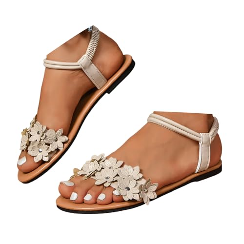 Xbemkste Sandalen Damen Elegant Blumen Flache Sandaletten Offene Zehe Frauen Sandal mit Weiche Fußbett Sommerschuhe Boho Strandschuhe Bequem Ankle Elastic Sandalen (White, 39) von Xbemkste