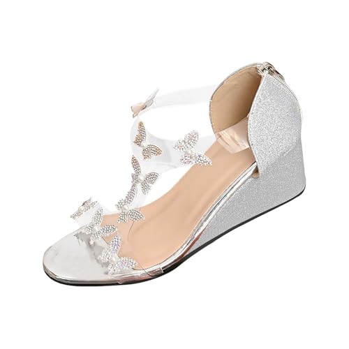Xbemkste Sandalen Damen Freizeit Sandalette mit Strass Perlen Bohemia Sandals Casual Strand Schuhe mit Keilabsatz (39) von Xbemkste