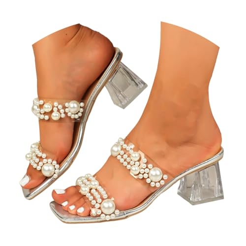 Xbemkste Sandalen Damen Transparente Chunky Absatz Pantoletten mit Perlen Sandaletten Elegant Kleid Schuhe Sommer Kristall Sandaletten für Party,Hochzeit (39) von Xbemkste