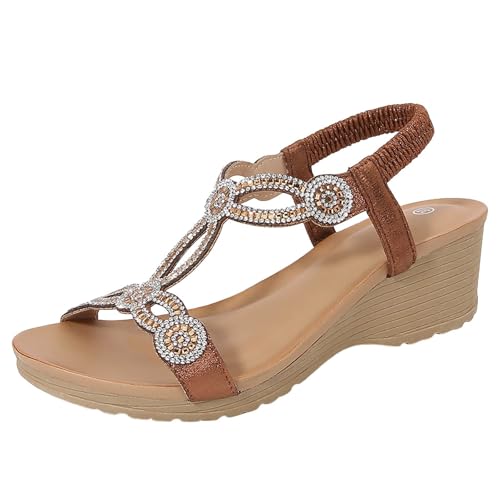 Xbemkste Sandaletten Damen Keilabsatz Bohemian Keilsandalen Sommerschuhe mit Strassstein Ankle Elastic Sommer Elegant Sandalen Freizeit Strandsandalen (Bronze, 40) von Xbemkste
