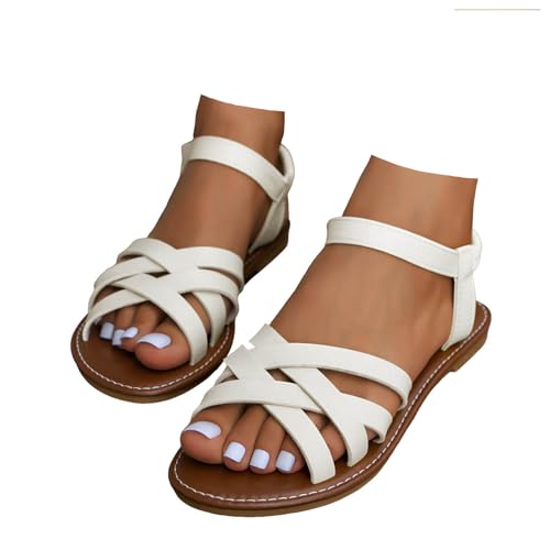 Xbemkste Sandaletten Damen Kreuzriemen Sandalen Ankle Elastic Damen Flach Sandalen Weiche Sohle Rutschfest Sommerschuhe Freizeit Strandsandalen (White, 37.5) von Xbemkste