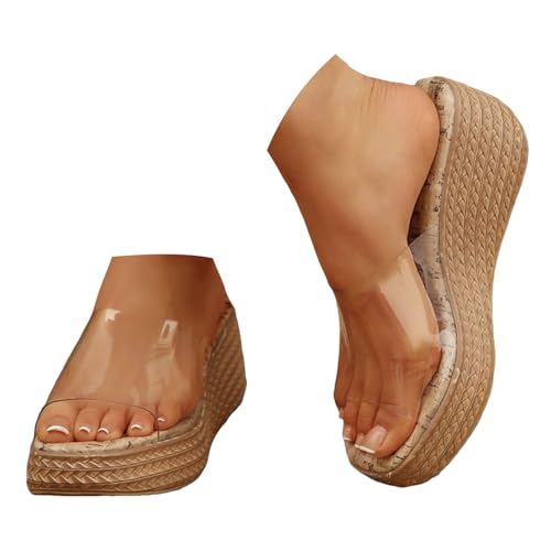 Xbemkste Sandaletten Damen Pantoletten Plateau Sandalen Elegante Schlappen Keilabsatz Offener Zehenbereich Rutschfest Sommerschuhe Freizeit Strandsandalen (A, 37) von Xbemkste