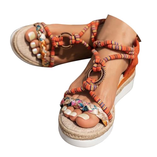 Xbemkste Sandaletten Damen Plateau Espadrilles mit Keilabsatz Bohemian Sandalen mit Perlen Damen Keilsandalen Ankle Elastic Strandsandalen Vintage Sommersandalen (Orange, 37.5) von Xbemkste