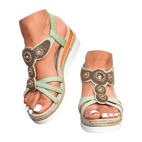 Xbemkste Sandaletten Damen Plateau Espadrilles mit Keilabsatz Bohemian Sandalen mit Strass Perlen Damen Keilsandalen Bequeme Sommersandalen Ankle Elastic Strandsandalen (Light Green, 40) von Xbemkste