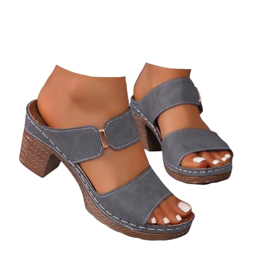 Xbemkste Sandaletten Damen mit Blockabsatz Elegant Pumps Pantoletten Freizeit Schlappen mit Absatz Sommer High Heels Sandalen Hausschuhe für Alltag (Grey, 40) von Xbemkste
