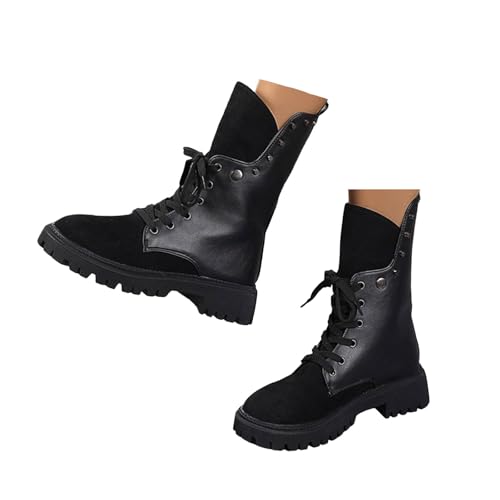 Xbemkste Schnürstiefel Damen Mit Plateau Vintage Stiefeletten Biker Booties Mit Niete Western Cowboystiefel Ankle Boots Bequemer Kurzstiefel Herbst Winter Schuhe (37) von Xbemkste