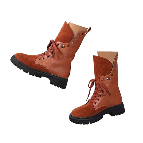 Xbemkste Schnürstiefel Damen Mit Plateau Vintage Stiefeletten Biker Booties Mit Niete Western Cowboystiefel Ankle Boots Bequemer Kurzstiefel Herbst Winter Schuhe (Brown, 36) von Xbemkste