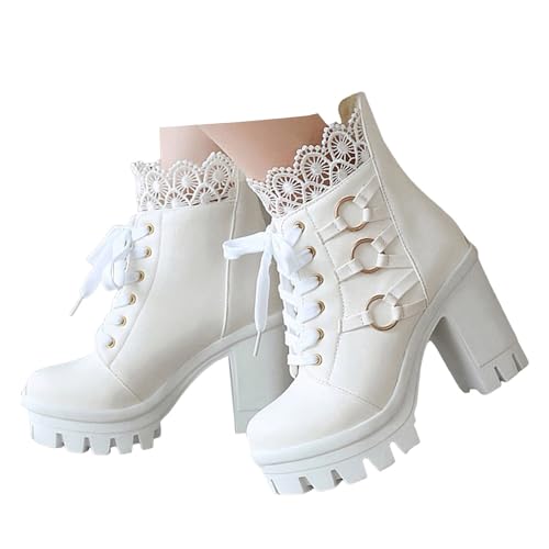 Xbemkste Schnürstiefel Damen Plateau High Heels Stiefeletten Elegant Ankle Boots Dirndl Schuhe Damen Springerstiefel Kurzstiefel Knöchelstiefel Rutschfest Winterstiefel (White, 38.5) von Xbemkste
