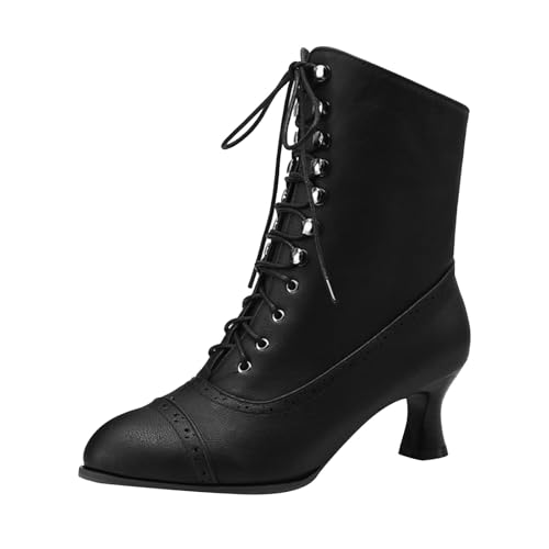 Xbemkste Schnürstiefeletten Damen Mit Absatz Viktorianisch Mittelhohe Stiefel Vintage Lederstiefel Gothic Schuhe Kurzstiefel Knöchelstiefel Elegant Ankle Boots Damenstiefel (39) von Xbemkste