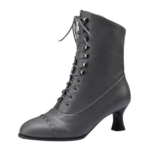 Xbemkste Schnürstiefeletten Damen Mit Absatz Viktorianisch Mittelhohe Stiefel Vintage Lederstiefel Gothic Schuhe Kurzstiefel Knöchelstiefel Elegant Ankle Boots Damenstiefel (Grey, 37.5) von Xbemkste
