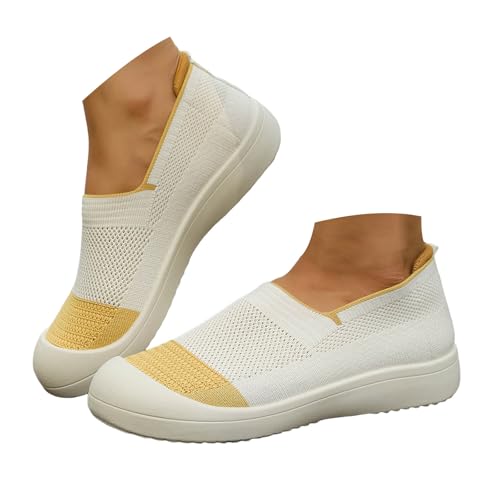 Xbemkste Slip On Damen Freizeitschuhe Sneaker Atmungsaktive Mesh Sommerschuhe Bequeme Weiche Flache Schuhe Schlupfschuhe Damen Slipper Leichte Walkingschuhe (Beige, 39) von Xbemkste