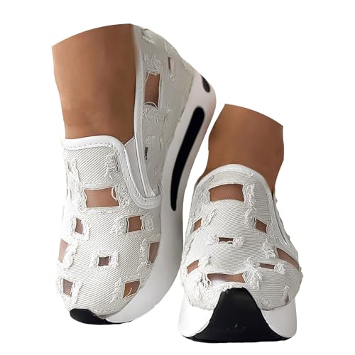 Xbemkste Slip On Damen Freizeitschuhe mit Keilabsatz Atmungsaktive Sommerschuhe Bequeme Walkingschuhe Sneaker Damen Elegant Plateauschuhe Lässige Slipper (White, 37.5) von Xbemkste