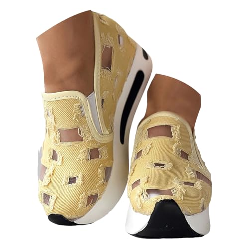 Xbemkste Slip On Damen Freizeitschuhe mit Keilabsatz Atmungsaktive Sommerschuhe Bequeme Walkingschuhe Sneaker Damen Elegant Plateauschuhe Lässige Slipper (Yellow, 37.5) von Xbemkste