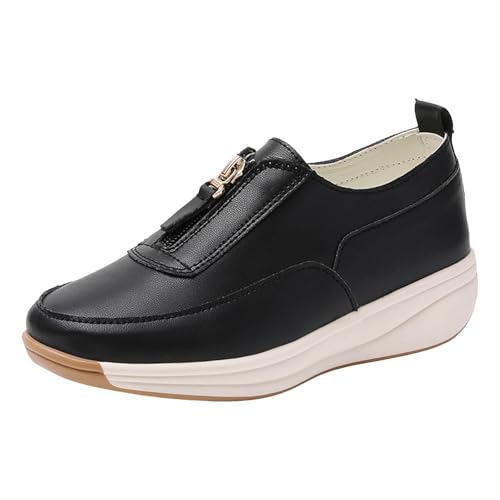 Xbemkste Slip On Damen Walking Flache Leather Loafer Freizeitschuhe Wanderschuhe mit Reißverschluss bequem Schlupfschuhe (40) von Xbemkste