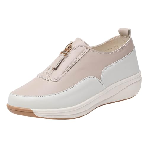Xbemkste Slip On Damen Walking Flache Leather Loafer Freizeitschuhe Wanderschuhe mit Reißverschluss bequem Schlupfschuhe (Beige, 39) von Xbemkste