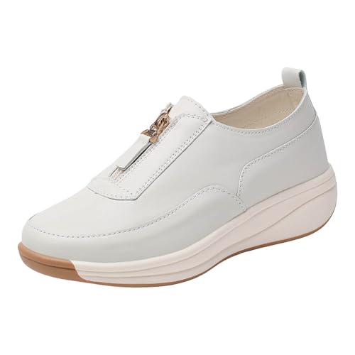 Xbemkste Slip On Damen Walking Flache Leather Loafer Freizeitschuhe Wanderschuhe mit Reißverschluss bequem Schlupfschuhe (Grey, 40.5) von Xbemkste