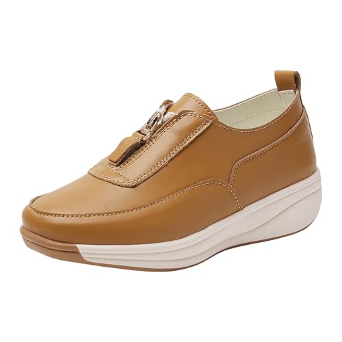 Xbemkste Slip On Damen Walking Flache Leather Loafer Freizeitschuhe Wanderschuhe mit Reißverschluss bequem Schlupfschuhe (Khaki, 37.5) von Xbemkste