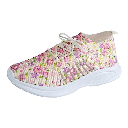 Xbemkste Sneaker Damen Damen-Schuhe mit Blumenmuster, Flyweave-Mesh, sportliche Freizeitsocken, atmungsaktiv, Übergröße, leichte Laufschuhe, Turnschuhe, Freizeitschuhe Aquaschuhe Damen (Pink, 42) von Xbemkste