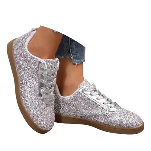 Xbemkste Sneaker Damen Flache Glitzer Schuhe Lässige Halbschuhe Leichte Atmungsaktive Schnürer Sportschuhe Turnschuhe Damen Freizeitschuhe Bequeme Laufschuhe (41) von Xbemkste