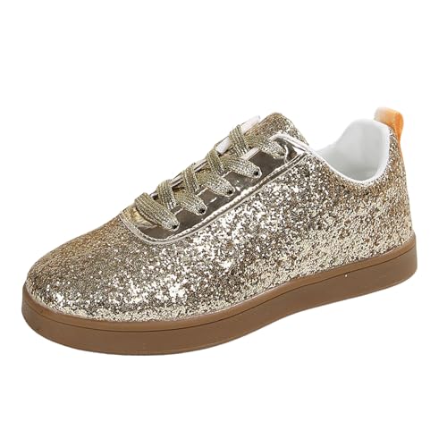 Xbemkste Sneaker Damen Flache Glitzer Schuhe Lässige Halbschuhe Leichte Atmungsaktive Schnürer Sportschuhe Turnschuhe Damen Freizeitschuhe Bequeme Laufschuhe (Gold, 40) von Xbemkste