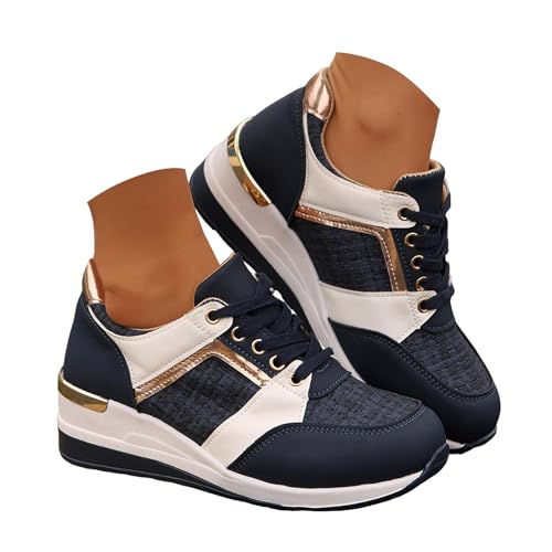 Xbemkste Sneaker Damen Freizeitschuhe mit Keilabsatz Bequeme Laufschuhe Sportschuhe Lässige Damenschuhe Schnürschuhe rutschfeste Walkingschuhe Schicke Plateauschuhe (Blue, 40.5) von Xbemkste