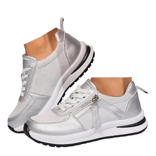Xbemkste Sneaker Damen Freizeitschuhe mit Plateau Schnürer Sportschuhe Atmungsaktive Laufschuhe Damen Halbschuhe Bequeme Flache Schuhe Walkingschuhe (38.5) von Xbemkste