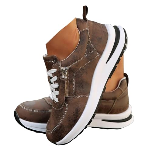 Xbemkste Sneaker Damen Freizeitschuhe mit Plateau Schnürer Sportschuhe Atmungsaktive Laufschuhe Damen Halbschuhe Bequeme Flache Schuhe Walkingschuhe (Brown, 37.5) von Xbemkste
