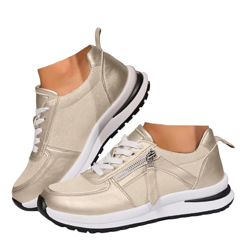 Xbemkste Sneaker Damen Freizeitschuhe mit Plateau Schnürer Sportschuhe Atmungsaktive Laufschuhe Damen Halbschuhe Bequeme Flache Schuhe Walkingschuhe (Gold, 37) von Xbemkste