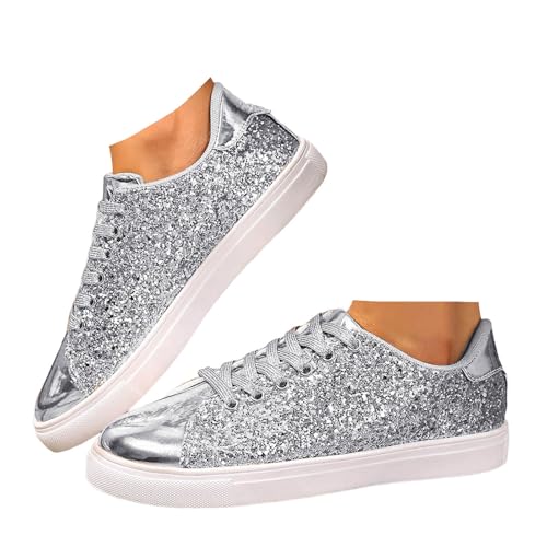 Xbemkste Sneaker Damen Halbschuhe Glitzer Lackschuhe Bequeme Flache Schuhe Leichte Sommerschuhe Low-Top Walkingschuhe Damen Freizeitschuhe Schnürer Sportschuhe (37.5) von Xbemkste