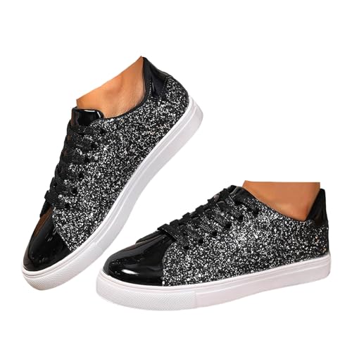 Xbemkste Sneaker Damen Halbschuhe Glitzer Lackschuhe Bequeme Flache Schuhe Leichte Sommerschuhe Low-Top Walkingschuhe Damen Freizeitschuhe Schnürer Sportschuhe (38.5) von Xbemkste