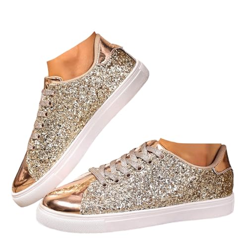 Xbemkste Sneaker Damen Halbschuhe Glitzer Lackschuhe Bequeme Flache Schuhe Leichte Sommerschuhe Low-Top Walkingschuhe Damen Freizeitschuhe Schnürer Sportschuhe (Gold, 41) von Xbemkste